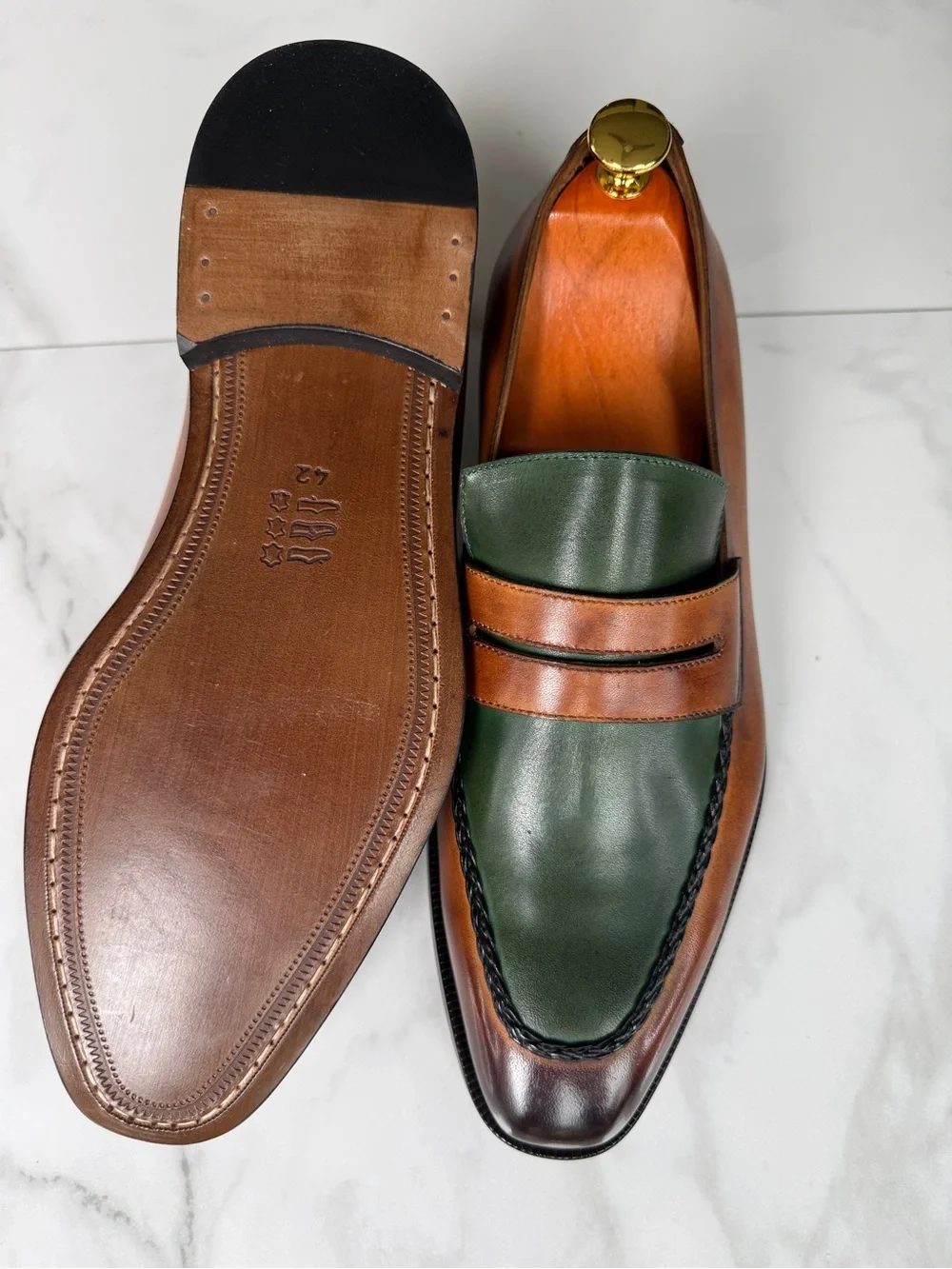 Men's Green and Brown Leather Penny Loafers